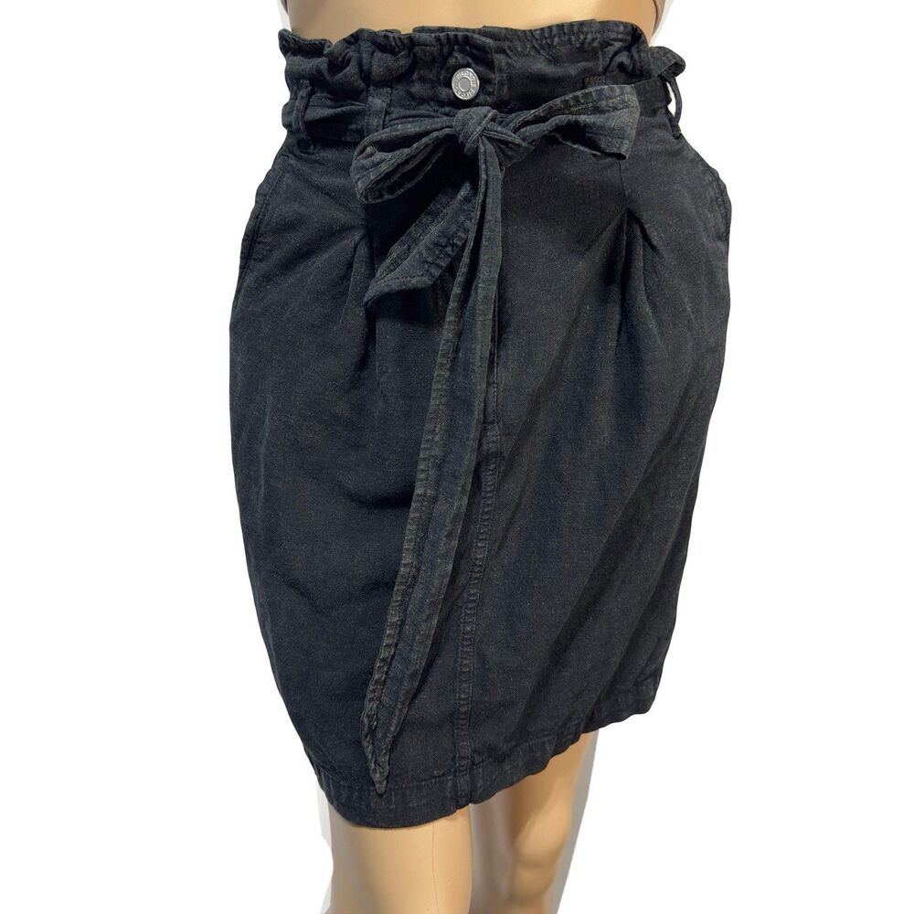 Anthropologie Pilcro Linen Blend Rhoda Paperbag Waist Mini Skirt Black Acid Sz 2